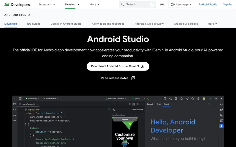 Screenshot of the Android Studio homepage
