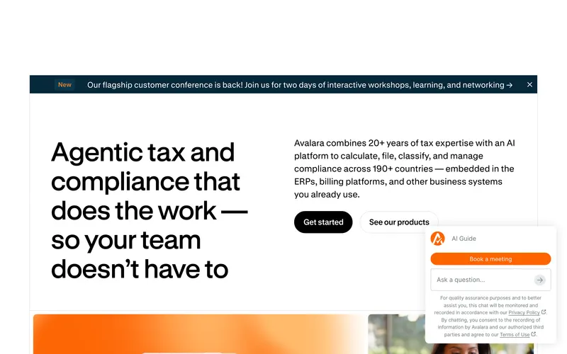 Screenshot of the Avalara homepage