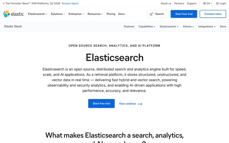 Screenshot of the Elasticsearch homepage