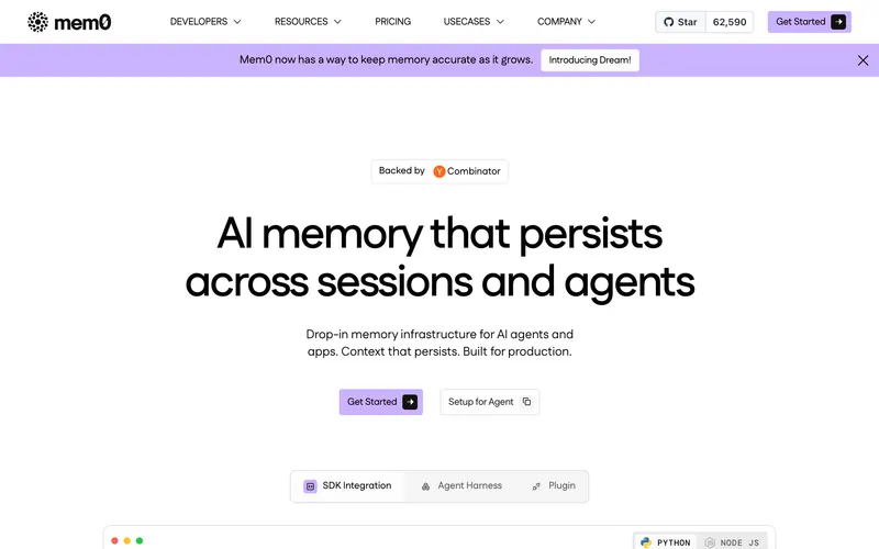 Screenshot of the Mem0 homepage