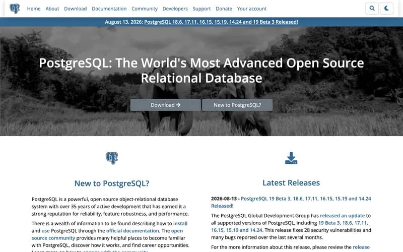 Screenshot of the PostgreSQL homepage