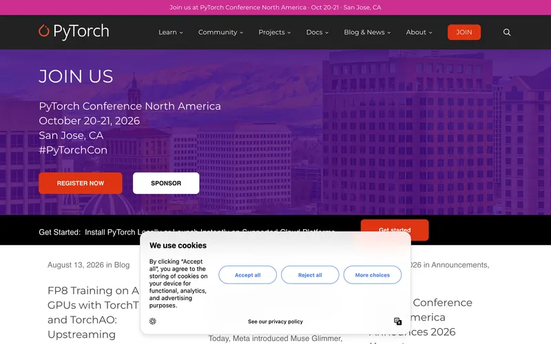 Screenshot of the PyTorch homepage