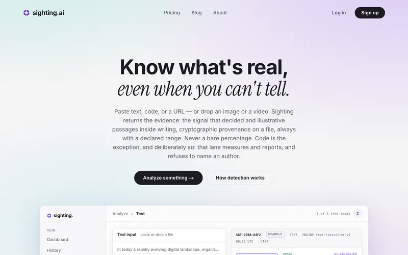 Screenshot of the Sighting.ai homepage