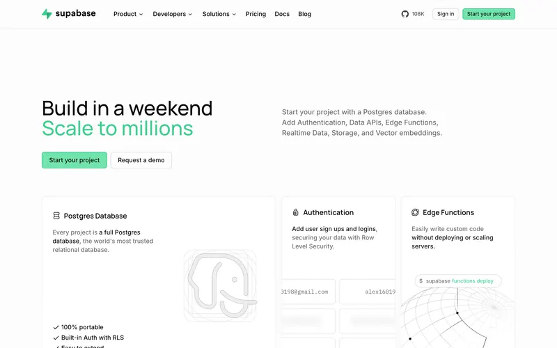 Screenshot of the Supabase homepage